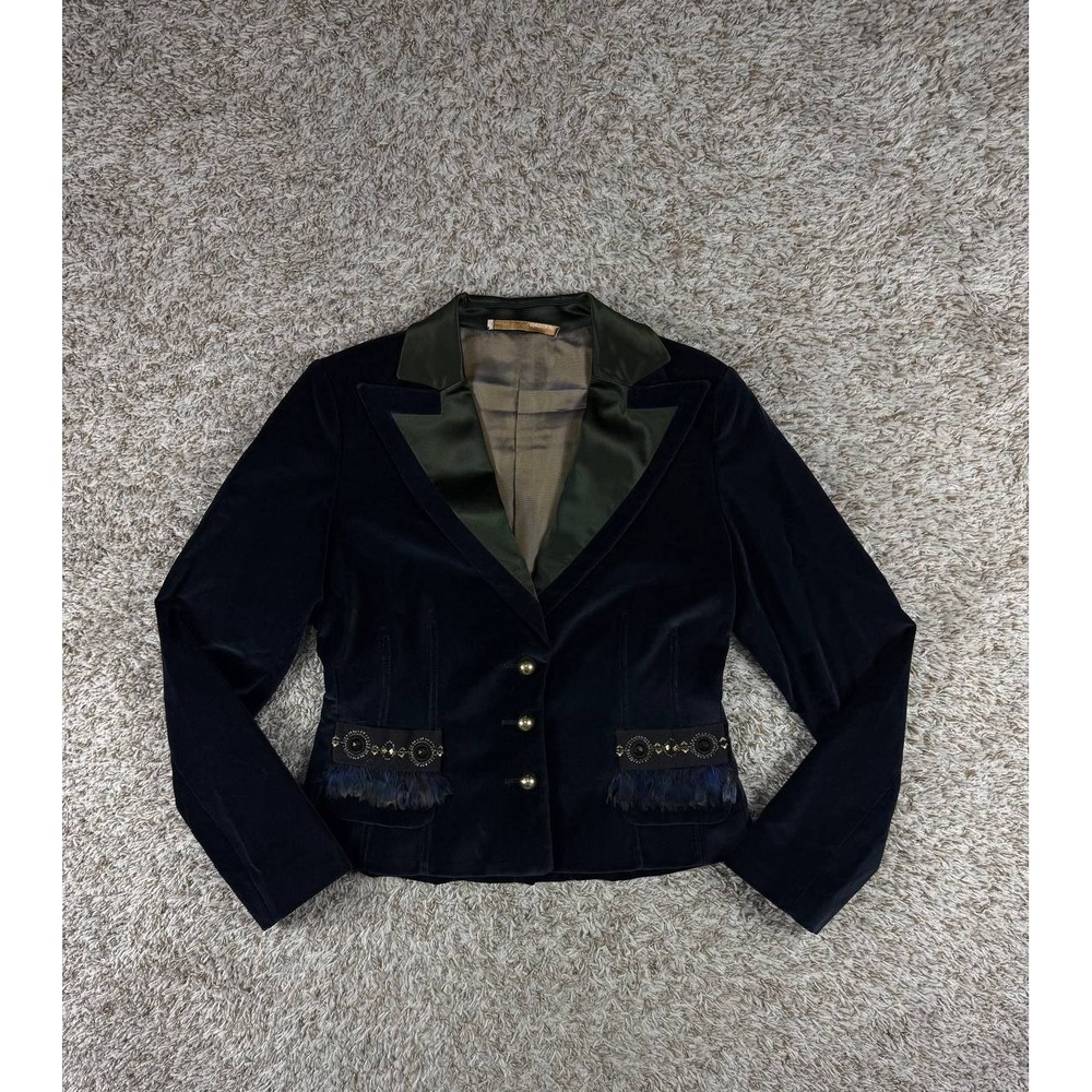 Vintage Roberto Cavalli CLASS Velvet Feather Embellished Blazer Jacket Size 12